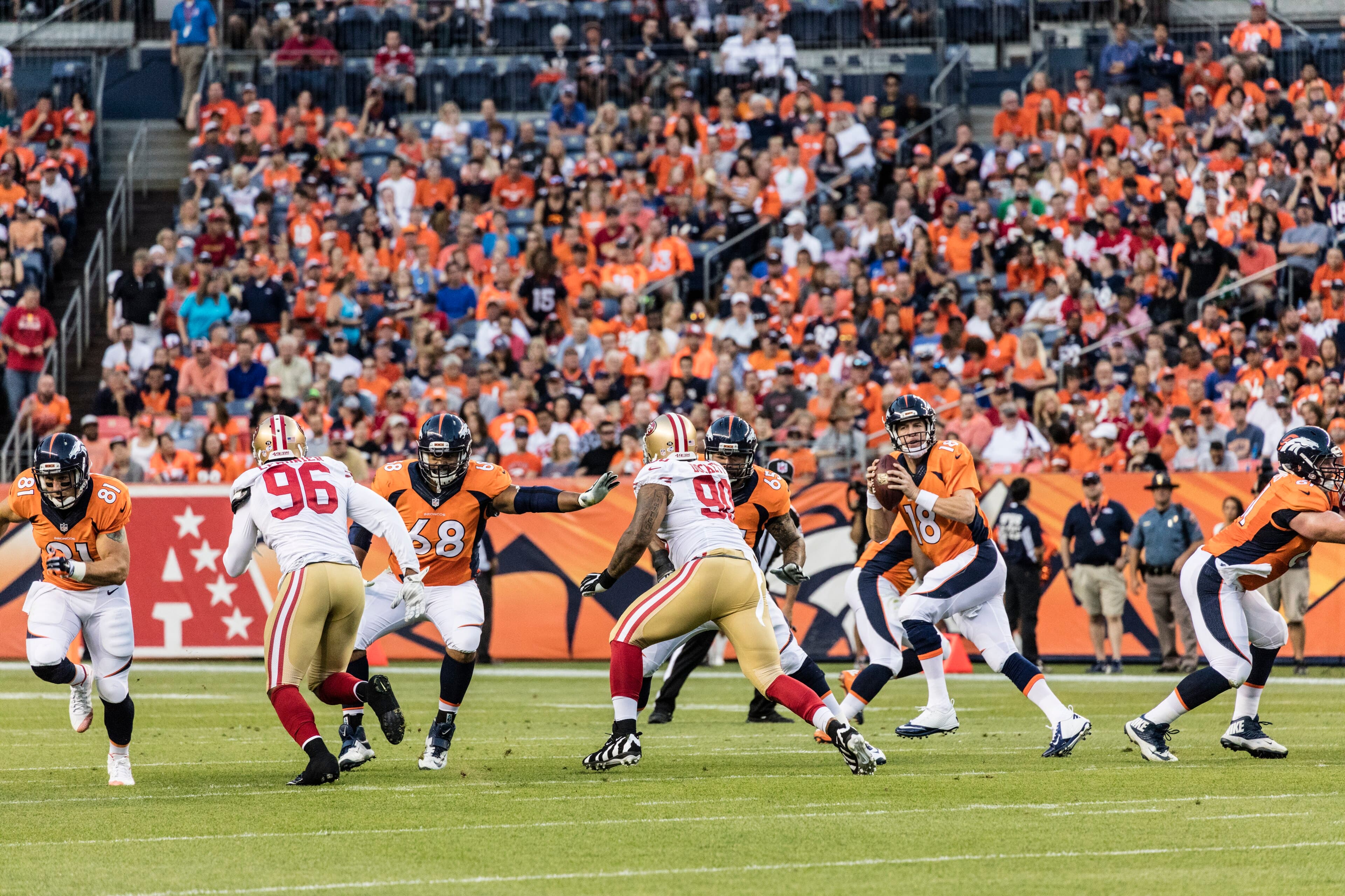 A quarterback reading the defense before releasing the football
